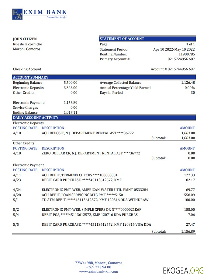 Relevé bancaire Exim des Comores xls